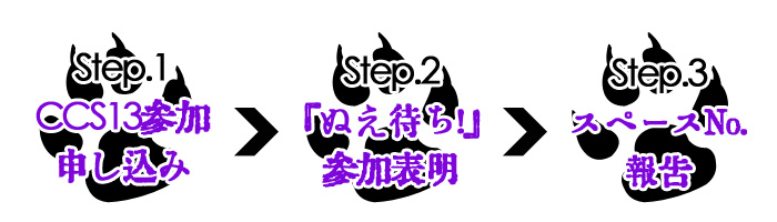 Step.01 CCS13参加申し込み
→Step.02　『ぬえ待ち！』参加表明
→Step.03　スペースNo.報告